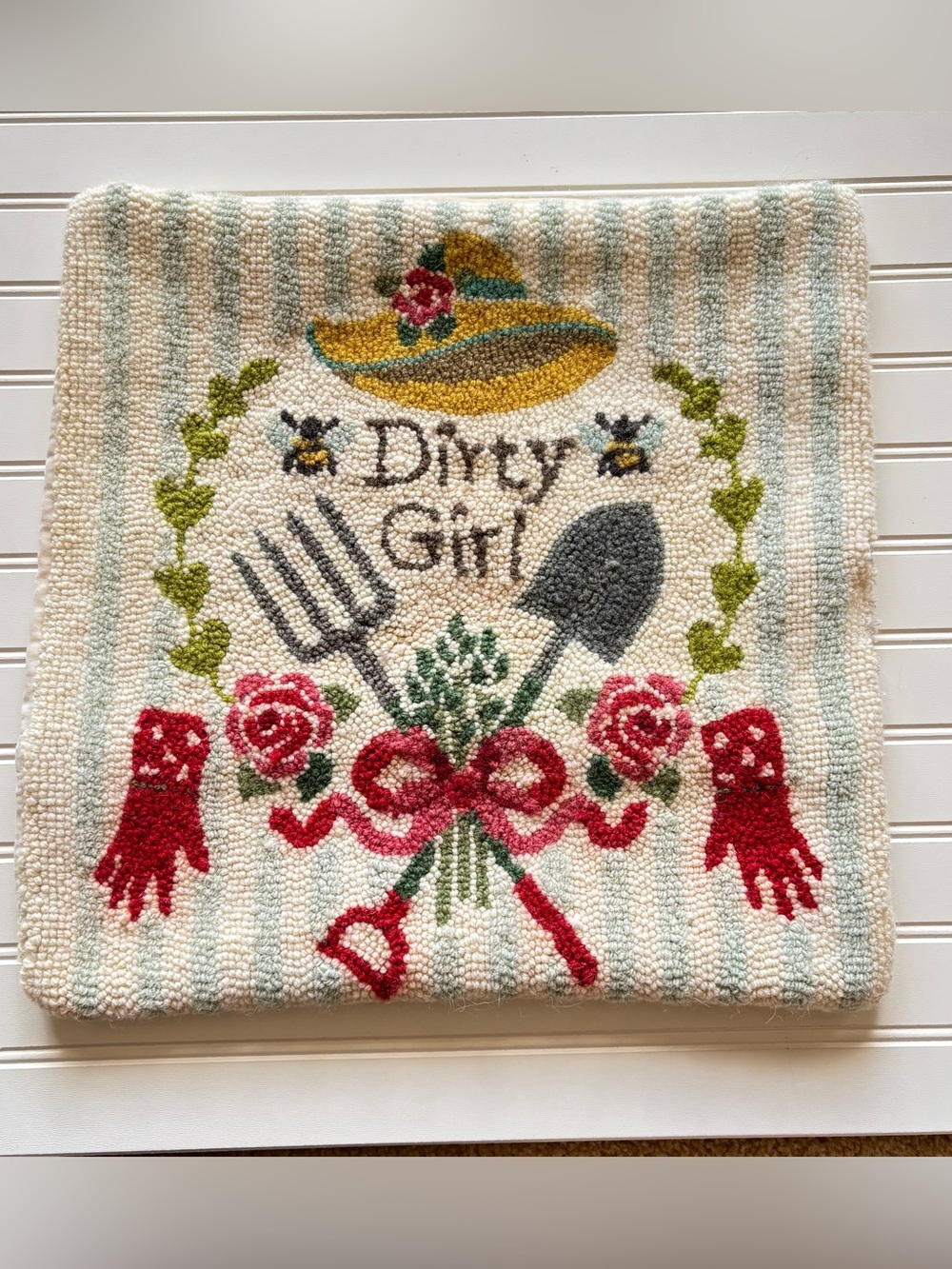 Dirty Girl Gardening Outdoor Silly Quirky Hooked Pillow Case 18" x18"